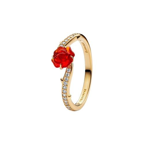 Pandora Rose Ring | Disney Beauty and The Beast | Cubic Zirconia & Red Murano Glass | 14K Gold Plated | Size 52