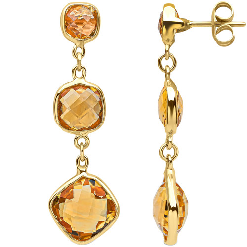 9ct Yellow Gold Checkerboard Cushion Citrine 3St Drop Earrings