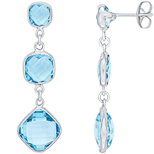 9ct White Gold Checkerboard Cushion Swiss Blue Topaz 3St Drop Earrings