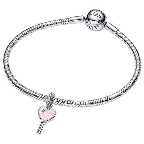 Pandora Heart Key Dangle with Clear Cubic Zirconia and Lab-created Pink Opal | Sterling Silver