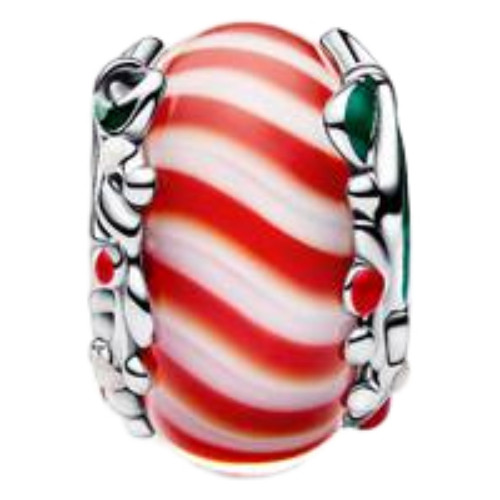 Pandora Candy Charm with Red and White Murano glass, Shimmering White, Red and Green Enamel | Sterling Silver | DV 794252C01 | 794252C01