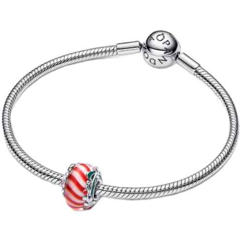 Pandora Candy Charm with Red and White Murano glass, Shimmering White, Red and Green Enamel | Sterling Silver | DV 794252C01 | 794252C01