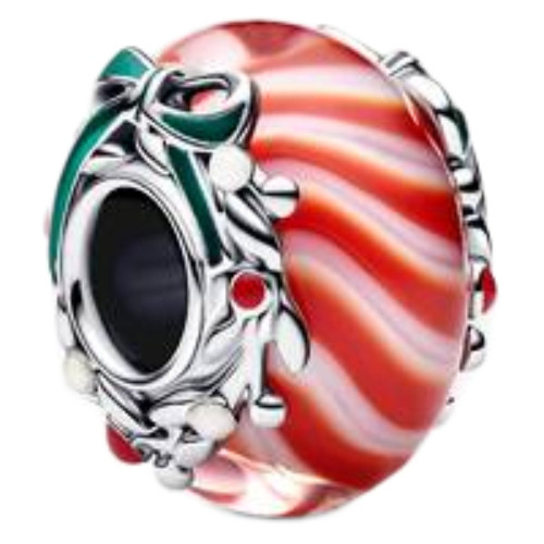 Pandora Candy Charm with Red and White Murano glass, Shimmering White, Red and Green Enamel | Sterling Silver | DV 794252C01 | 794252C01