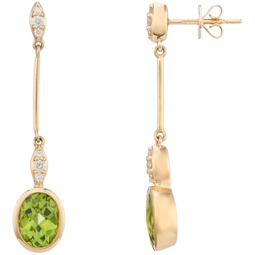 9ct Yellow Gold Diamond & Oval Cut Peridot Drop Earrings