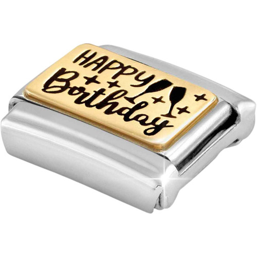 Nomination Composable Classic Charm | Stainless-steel | Bonded Yellow-gold | Happy Birthday with Champagne Glass
