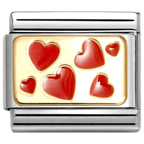 Nomination Composable Classic Charm | Stainless-steel | Bonded Yellow-gold | Red Hearts Plaque