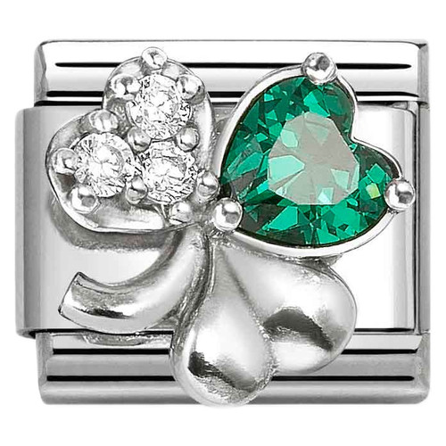 Nomination Composable Classic SYMBOLS CZ RICH Charm | Stainless-steel | Silver | White and Green Clover