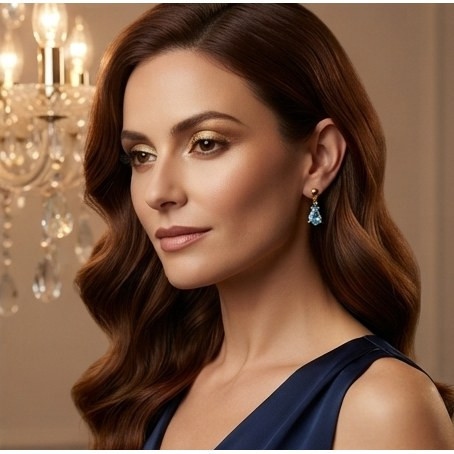 9ct Yellow Gold 7x5 Pear Shape Aqua Claw Set Drop Earrings with Bead Top