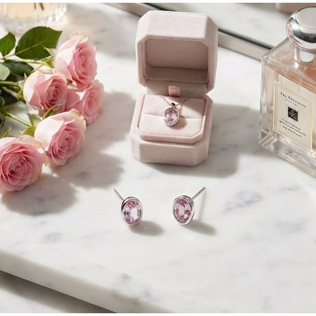 9ct White Gold 7x5 Oval Pink Sapphire Rubover Ear studs Stone