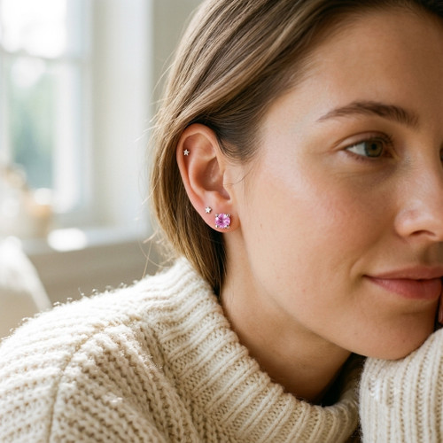 9ct White Gold 3mm Round Pink Sapphire 4 Claw Stud Earrings