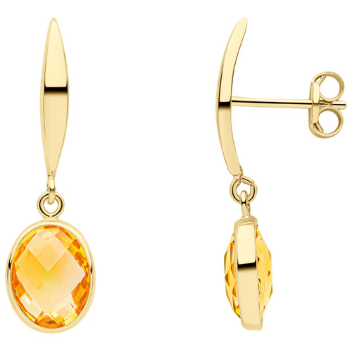 9ct Yellow Gold Polished Marquise Bar Top with Checkerboard Cut Oval Citrine Drop Earrings