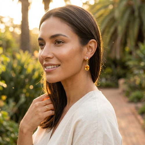 9ct Yellow Gold Polished Marquise Bar Top with Checkerboard Cut Oval Citrine Drop Earrings
