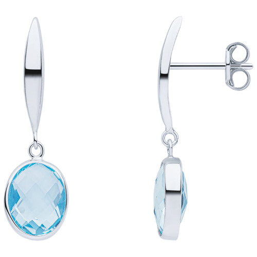 9ct White Gold Polished Marquise Bar Top with Checkerboard Cut Oval Blue Topaz Drop Earrings