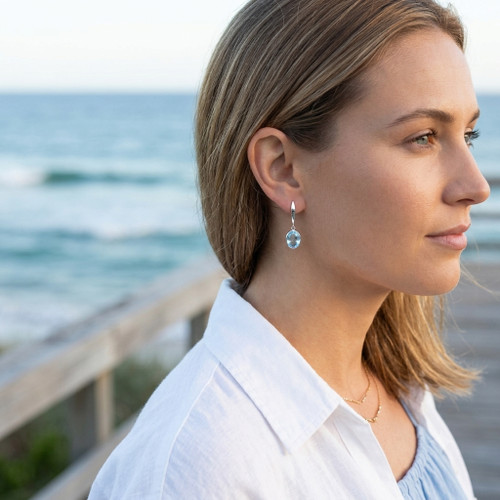 9ct White Gold Polished Marquise Bar Top with Checkerboard Cut Oval Blue Topaz Drop Earrings