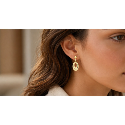 9ct Yellow Gold Oval Open Pear Shape Drop Earrings with Half Bead Top