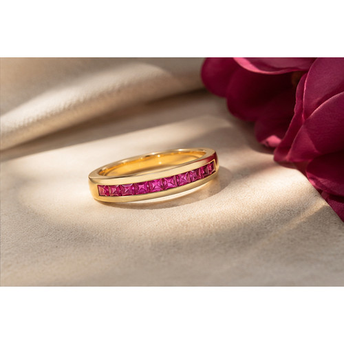 9ct Yellow Gold Square Ruby 11st Channel Set 1/2 Eternity Ring