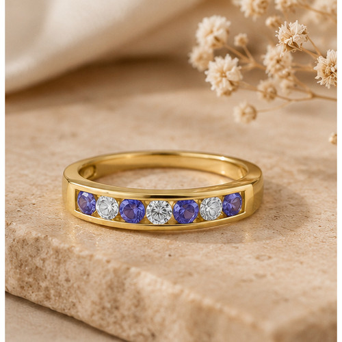 9ct Yellow Gold Round Tanzanite and Diamond 9st Channel Set Half Eternity Ring