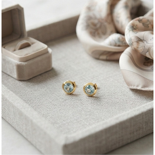 9ct Yellow Gold 3mm Rubover Earrings | Round | Aqua
