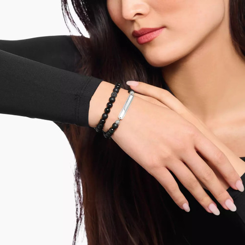 Thomas Sabo Black Pave Ball Bracelet | Sterling Silver | Cubic Zirconia | Obsidian | 21 cm