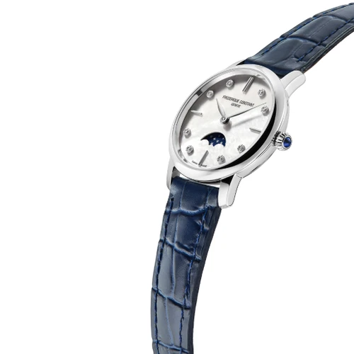 Frederique Constant Classics Watch | Slimline Ladies MoonPhase | 8 Diamonds | Swiss Quartz | 30mm | Mother Of Pearl | Blue Strap
