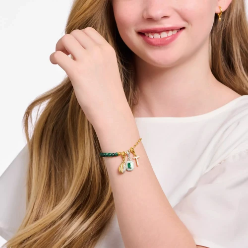 Thomas Sabo Charm Bracelet | 18k Yellow Gold Plated | Green Beads | 17 cm