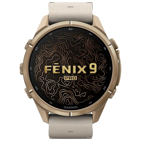 Garmin Fenix 9 Pro AMOLED INREACH Watch | 43mm | Sapphire | Titanium | Autumn Gold | French Grey Band | Extra Strap