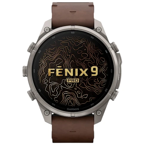 Garmin Fenix 9 Pro AMOLED INREACH Watch | 47mm | Sapphire | Titanium | Walnut Leather Band | Extra Strap