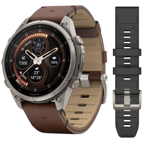 Garmin Fenix 9 Pro AMOLED INREACH Watch | 47mm | Sapphire | Titanium | Walnut Leather Band | Extra Strap