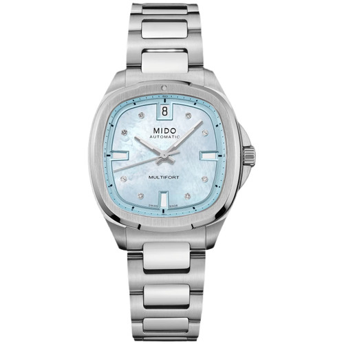 MIDO Multifort TV 35 Watch | 35mm | 8 Diamonds | Swiss Automatic | Light Blue Mother of Pearl
