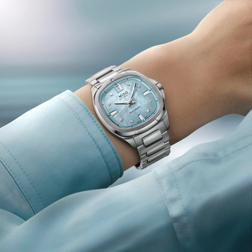 MIDO Multifort TV 35 Watch | 35mm | 8 Diamonds | Swiss Automatic | Light Blue Mother of Pearl