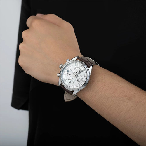 Festina Timeless Chronograph Watch | Quartz | 43.5mm | Silver | Brown Leather Strap