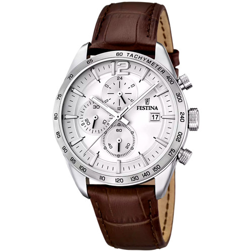 Festina Timeless Chronograph Watch | Quartz | 43.5mm | Silver | Brown Leather Strap