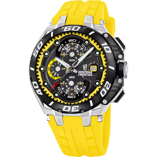 Festina Chrono Bike Watch | 200M | Quartz | 46mm | Black | Yellow Rubber Strap