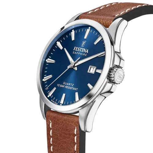 Festina Swiss Made Watch | Swiss Quartz | 41mm | Blue | Brown Leather Strap