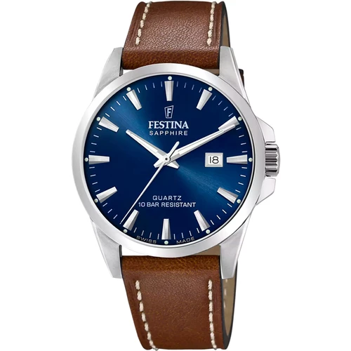 Festina Swiss Made Watch | Swiss Quartz | 41mm | Blue | Brown Leather Strap