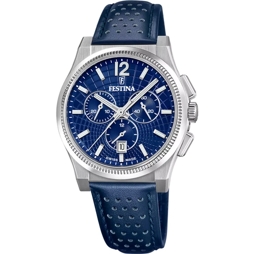 Festina Swiss Made Chronograph Watch | Swiss Quartz | 42.5mm | Blue | Blue Leather Strap