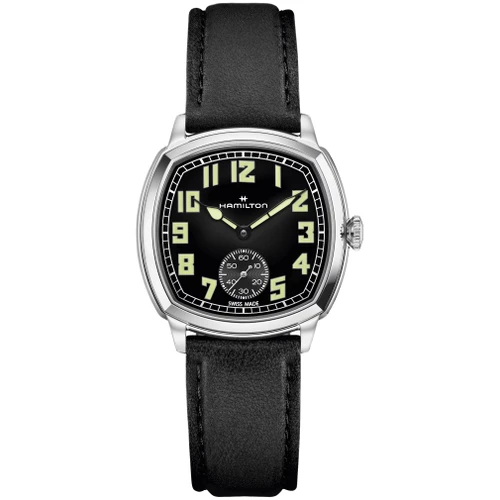 Hamilton American Classic Cushion Watch | 34x34mm | Swiss Mechanical | Black | Black Leather Strap