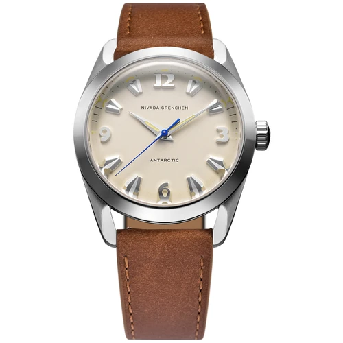 Nivada Grenchen Antarctic Watch | 35mm | Hand Winding | Eggshell Beige | Brown Leather Strap