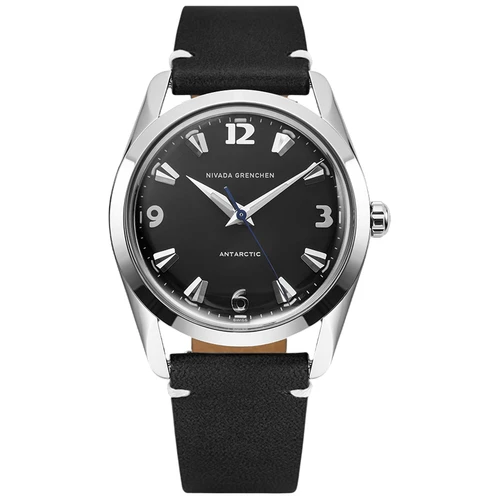 Nivada Grenchen Antarctic Watch | 35mm | Hand Winding | Black | Black Leather with White Stitching