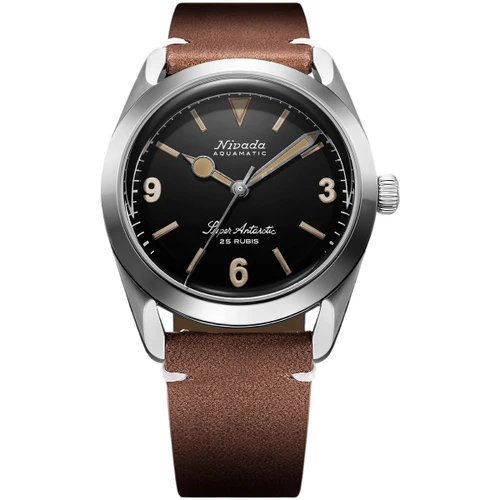 Nivada Grenchen Super Antarctic 3.6.9 Watch | 38mm | Automatic | Black | Brown Leather White Stitching
