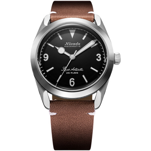 Nivada Grenchen Super Antarctic 3.6.9 Watch | 38mm | Automatic | Black | Brown Leather White Stitching Strap