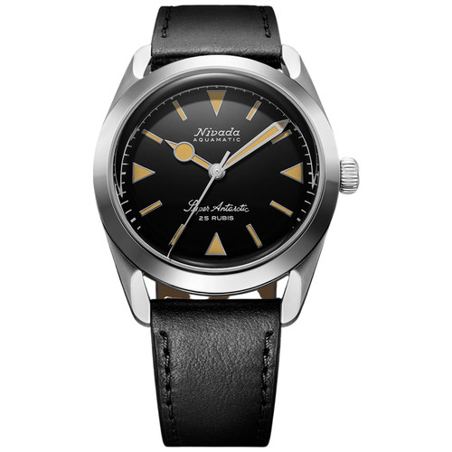 Nivada Grenchen Super Antarctic Watch | 38mm | Automatic | Black | Black Leather Strap
