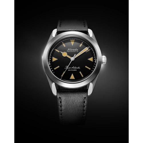 Nivada Grenchen Super Antarctic Watch | 38mm | Automatic | Black | Black Leather Strap