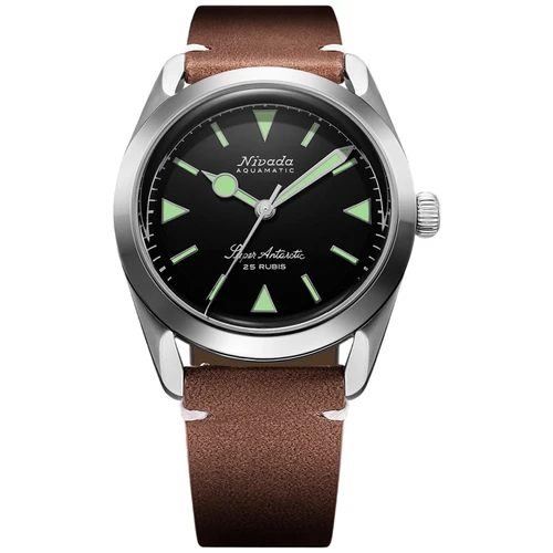 Nivada Grenchen Super Antarctic Watch | 38mm | Automatic | Green | Brown Leather with White Stitching