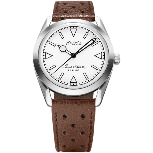 Nivada Grenchen Super Antarctic Watch | 38mm | Automatic | White | Brown Racing Strap