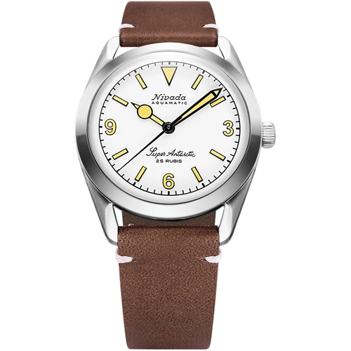 Nivada Grenchen Super Antarctic 3.6.9 Watch | 38mm | Automatic | White | Brown Leather with White Stitching