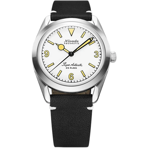Nivada Grenchen Super Antarctic 3.6.9 Watch | 38mm | Automatic | White | Black Leather with White Stitching