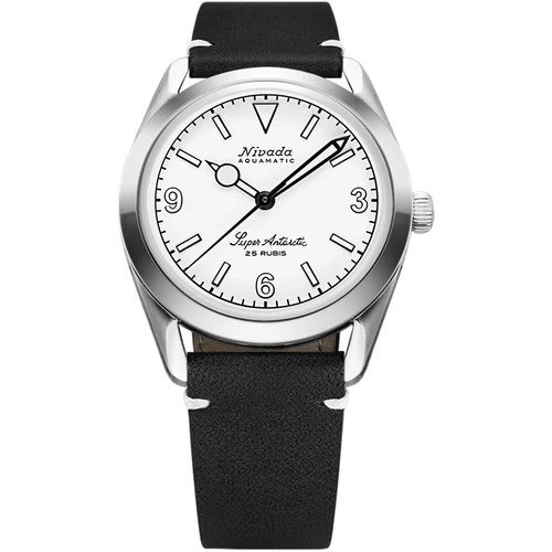 Nivada Grenchen Super Antarctic 3.6.9 Watch | 38mm | Automatic | White | Black Leather Strap with White Stitching