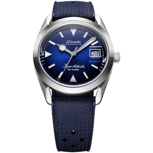 Nivada Grenchen Super Antarctic Watch | 38mm | Automatic | Date Display | Blue | Blue Tropic Rubber Strap