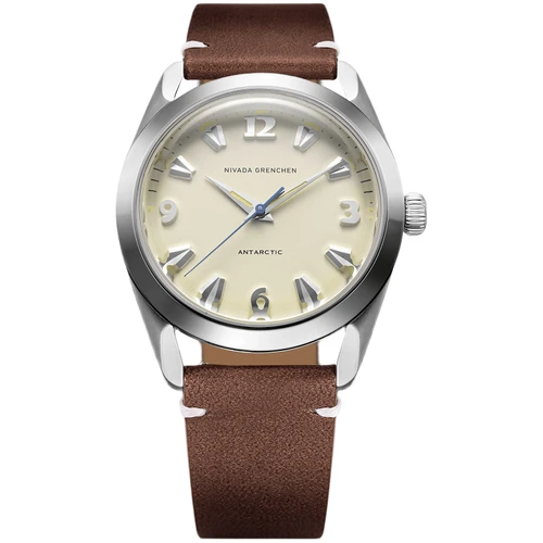 Nivada Grenchen Antarctic Watch | 38mm | Automatic | Eggshell Beige | Brown Leather Strap with White Stitching